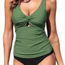 ZAFUL Women's Tankini Swimsuits Twist Front Tummy Control High Waisted Bikini Sets Two Piece Bathing Suits (Large, 1-green Black)