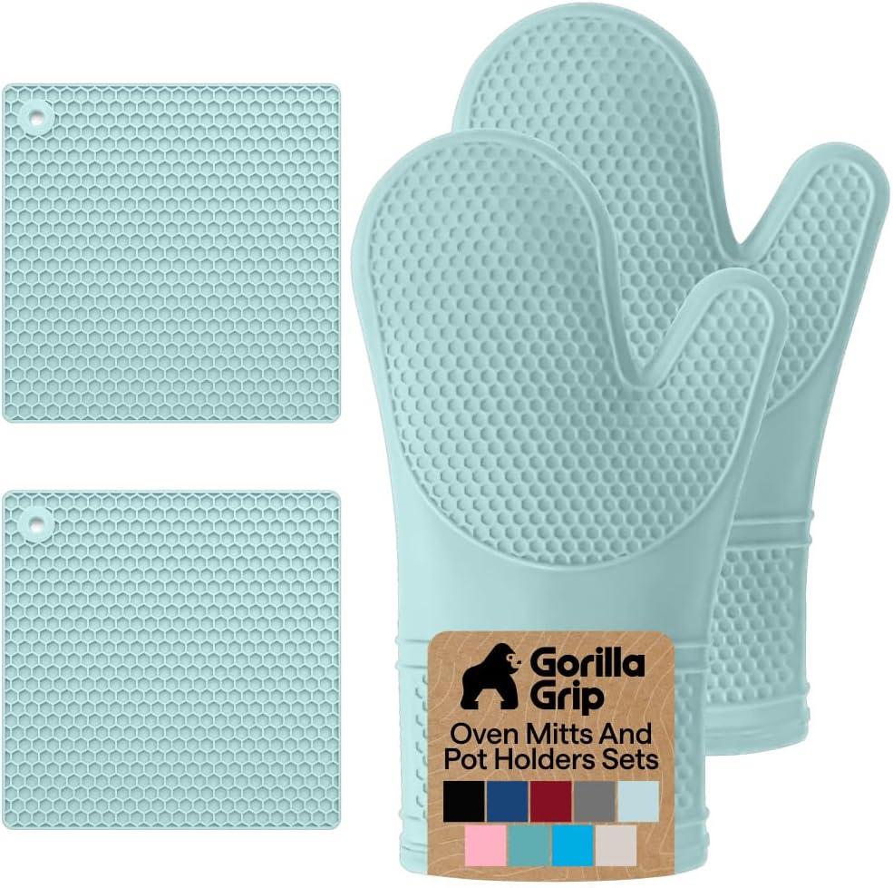 GORILLA GRIP BPA-Free Soft Silicone Oven Mitts and Pot Holders Sets of 4, Heat Resistant Waterproof Cooking Gloves, Thick Cotton Lining, Flexible Gripping for Baking Grilling, Kitchen Trivets, Mint