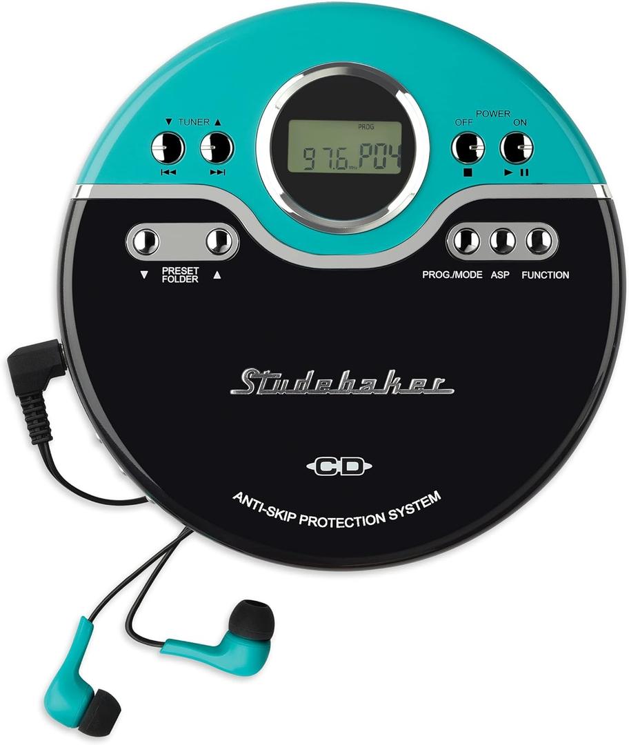 Studebaker Retro Portable CD Player | CD-R/RW MP3 Playback | Programmable Personal CD Player | Anti-Skip | FM Radio | Mega Bass Boost | Sport Earbuds (Vintage Turquoise)
