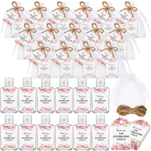 50 Sets Mini Hand Sanitizer Bottles Bulk Wedding Favors for Guests 2oz Empty Travel Size Hand Sanitizer Bottles with 50 Organza Bags Thank You Tags for Wedding Party (Flower, Pink)