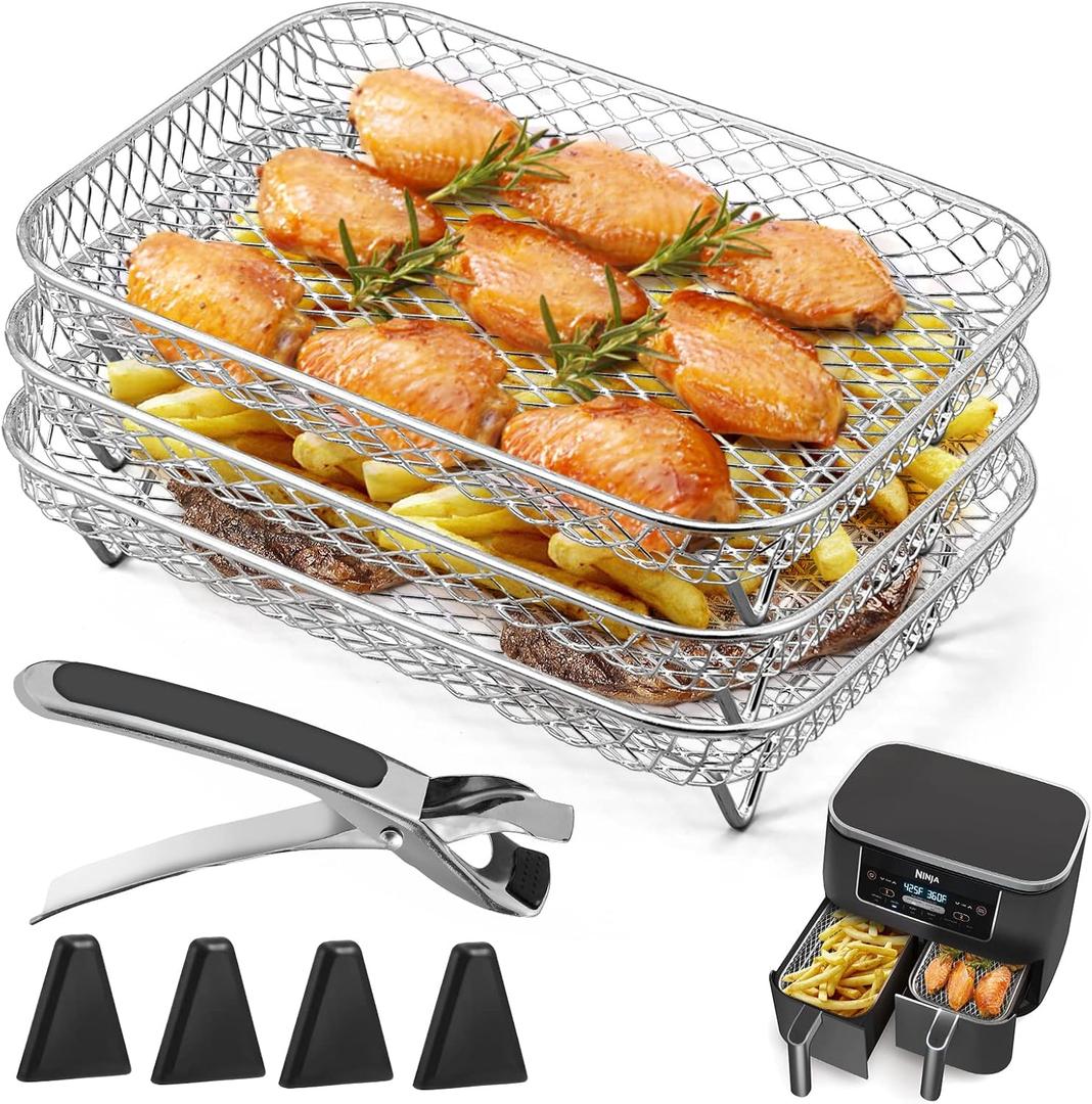 Ninja Dual Air Fryer Rack - 3pcs Layered Dehydrator Racks with Stainless Steel Grilling Rack and Rectangle Air Fryer Basket Tray with Clip and Heighten Feet Pad