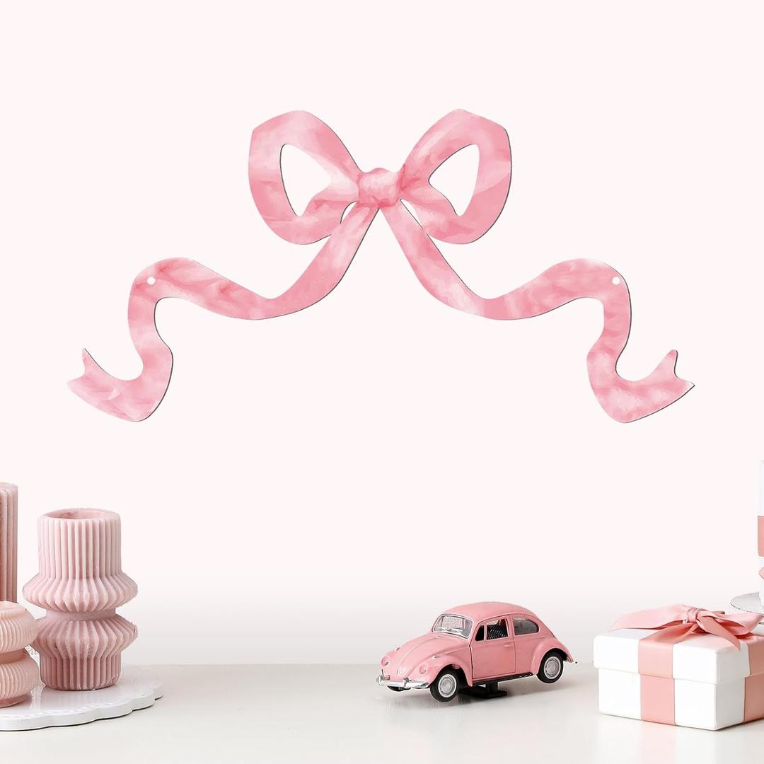 Zonon Metal Pink Bow Decor Room Art 15.75 x 7.87 Inch Coquette Bow Wall Art for Girls Cute Girly Preppy Girly Aesthetic Wall Decor for Home Dorm Decoration Coquette Party Gift for Girls Teens Women