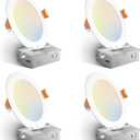 Amico 4 Pack 6 Inch 5CCT Ultra-Thin LED Recessed Ceiling Light with Junction Box, 2700K/3000K/3500K/4000K/5000K Selectable, 12W Eqv 110W 1050LM Brightness Dimmable Canless Wafer Downlight, ETL & FCC (White)