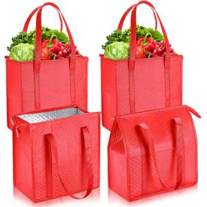 Paterr 4 Pcs Insulated Grocery Bags Large Reusable Insulated Shopping Bags with Zipper Top Cooler Totes for Hot or Cold Food(Red)