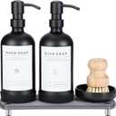 [Luxury] Kitchen Soap Dispenser Set - 16OZ Black Glass Bottle, Stainless Steel Pump, Instant Dry Tray, Waterproof Labels, Non-Slip Silicone Pad, and Dish Brush | Upgrade for Your Kitchen and Bathroom