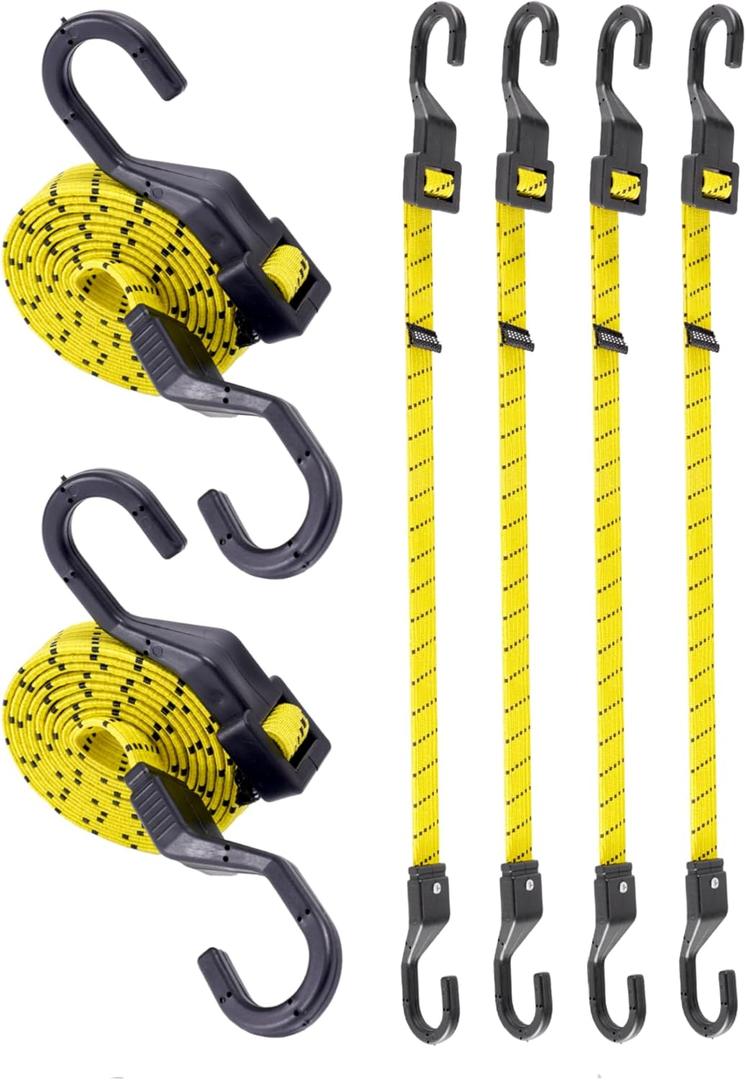 6 Pcs 12 Inch Flat Adjustable Bungee Cords with Hooks, 3X Faster to Adjust The Length, Lucky Straps Black/Yellow Heavy Duty Bungee Straps for Cargo, Bike, Cart, Tent, Truck, Camping, Outdoor, etc