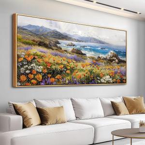JUDASJART Canvas Wall Art For Living Room Large Wall Decor For Bedroom Ocean Landscape Painting Flowers Watercolour Pictures Blue Beach Artwork Office Decorations Farmhouse Home Decor Wood Framed, 60"L x 30"W