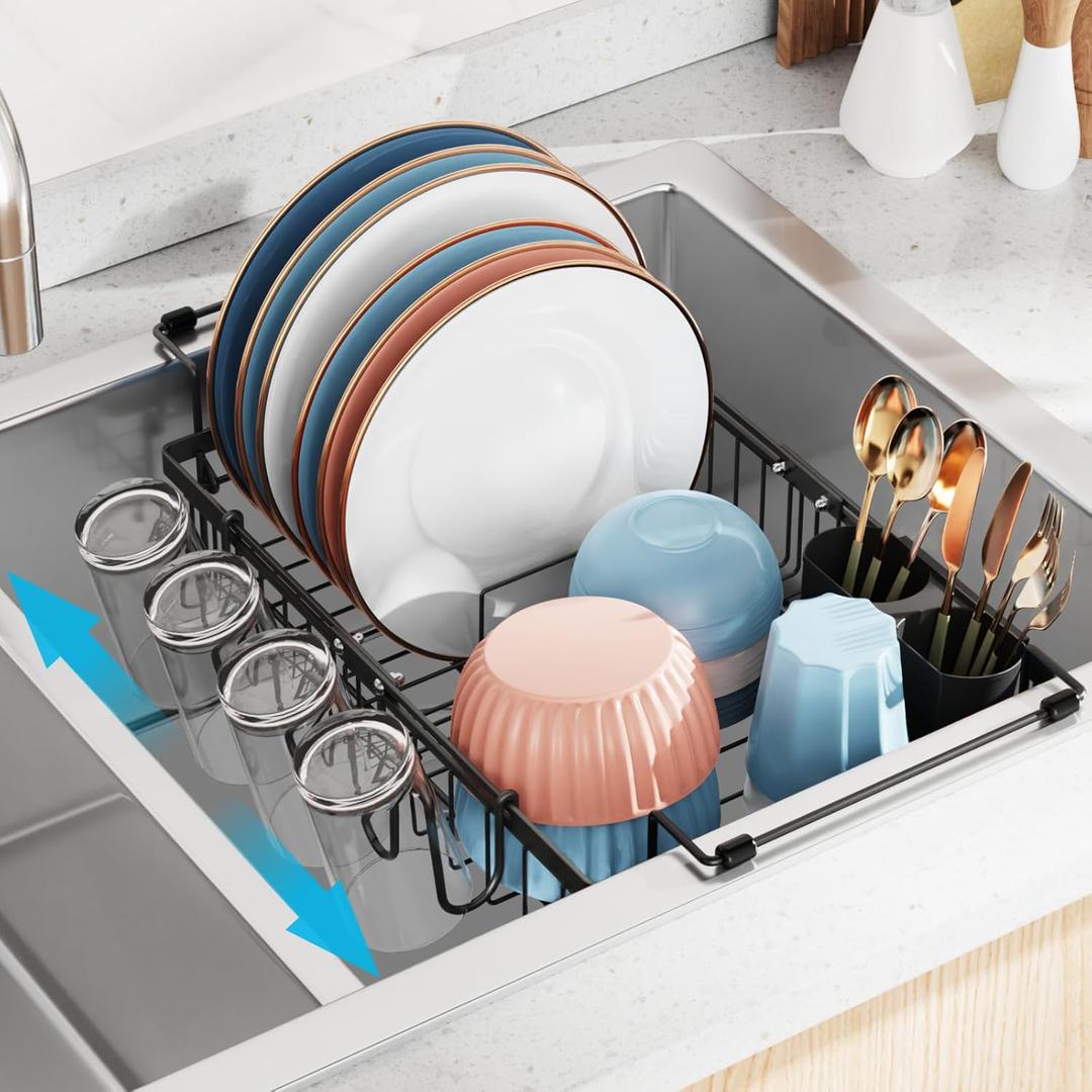iSPECLE in Sink Dish Drying Rack - Capacity Expandable Over Sink Dish Rack with Cup Holder, Dish Drainer for Kitchen Counter with Utensil Holder Large Capacity, Fit 12.4"-18.7" Sink, Black (Medium)