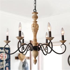Rustic French Country 6-Light Mid Century Modern Candle Style Chandelier,Vintage Distressed Wood Black,23.3" Dia x 20.75" H,E12,Dining Room,Living Room,Kitchen
