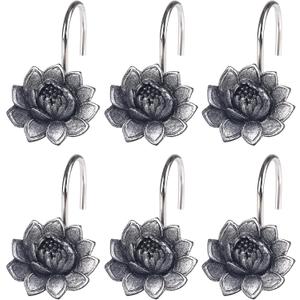 Twofish Home Black Flower Shower Curtain Hooks Anti Rust Shower Curtain Hooks Decorative Resin Black Flower Shower Curtain Rings Set of 12