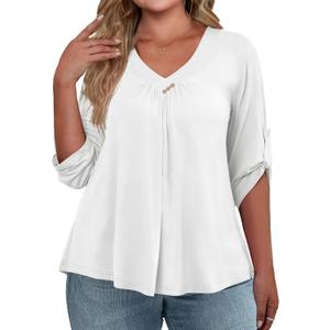 FOLUNSI Womens Plus Size 3/4 Roll Sleeve Blouses V Neck Casual Tunic Tops (White, XL)