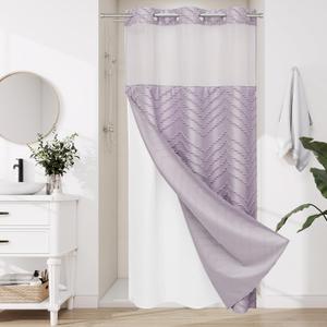 Purple Small Stall Boho Shower Curtain with Snap-in Liner 36 x 74, No Hooks Tufted Chevron Striped Textured Lavender Shower Curtain with See Through Mesh Top Window for Bathroom Decor