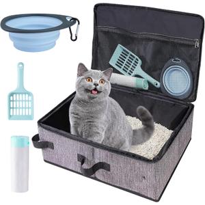 Travel Litter Box for Cats in Car with Lid and Cat Litter Scoop,Portable Cat Litters Case with a Bowl and 10 pcs Disposable Liner Bags,Leak-Proof and Collapsible