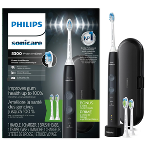 Philips Sonicare ProtectiveClean 5300 Rechargeable Electric Toothbrush, with Pressure Sensor, 3 Cleaning Modes, SmarTimer and QuadPacer, with 2 Bonus Brush Heads, Travel Case, Black, Model HX6423/34