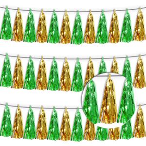 3P Sage-Green Gold Tassel Banner Garland Metallic Foil Fringe Banner Tinsel Tassels Streamer Banner Backdrop for Parade Floats, Graduation Decorations, Woodland Party Decoration
