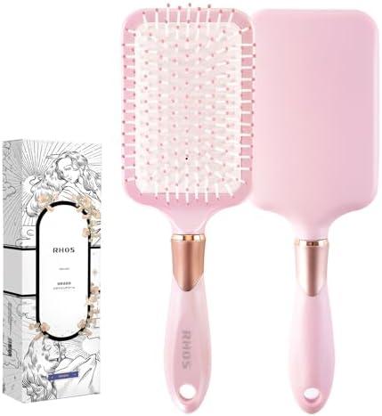 RHOS Paddle Brush for Women & Men - Detangler for Thick, Curly, Long, Wet & Dry Hair - Nylon Bristles Square Cushion Brush for Smoothing and Detangling (1 Pack - Pink)