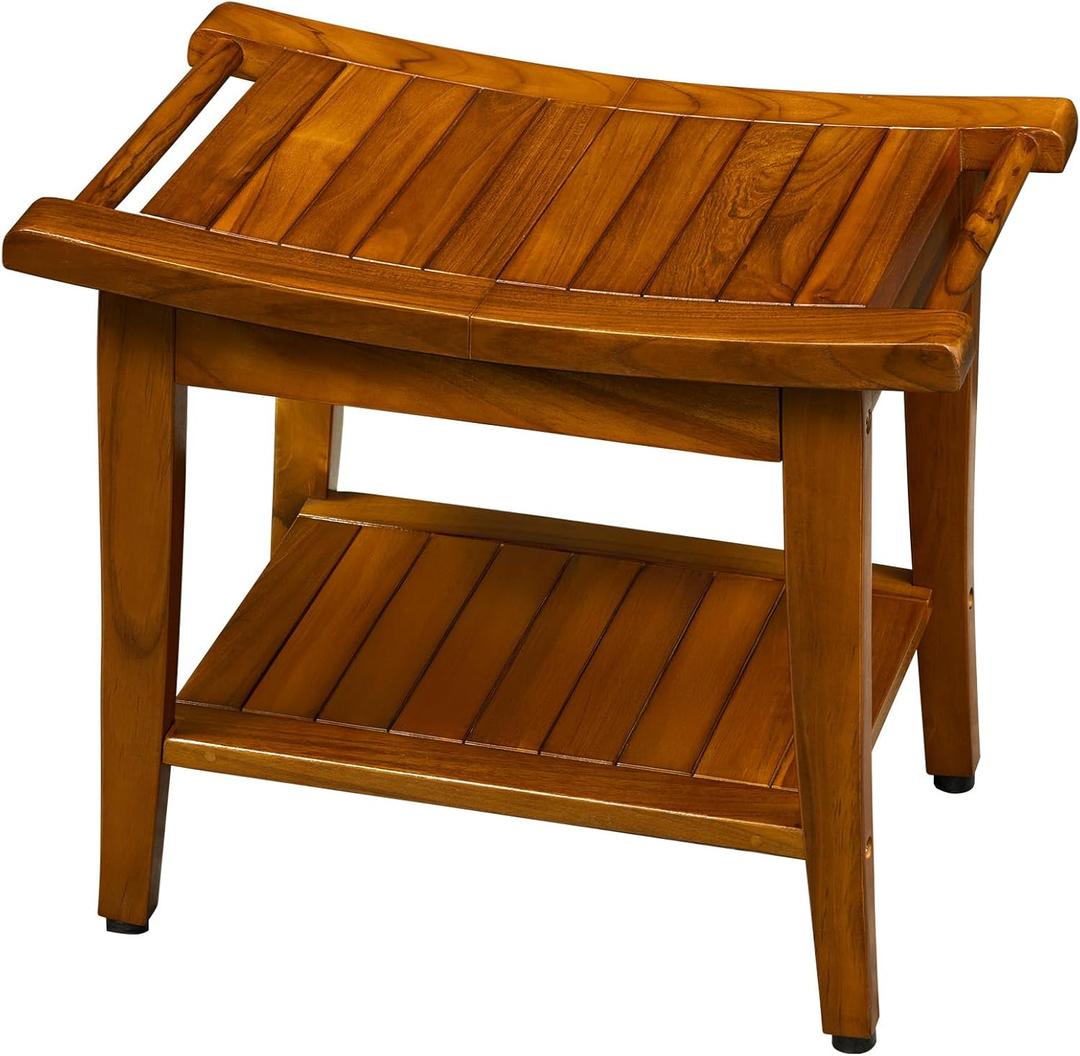 TEAKMAMA Teak Shower Bench with Handles 20" Waterproof Bathing Teak Wood Bench Shower Stool with Storage Towel Shelf Bath Stool for Indoor Use Easy Assembly