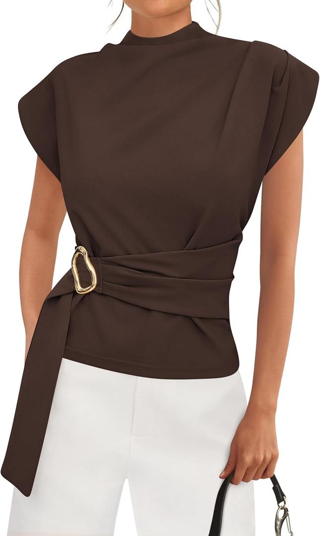 PRETTYGARDEN Women Blouses Spring Dressy Cap Sleeve Mock Neck Work Shirts Buckle Tunic Summer Business Casual Tops 2026(Brown,Large)