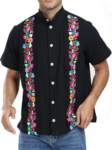 Mexican Shirts for Men Guayabera Embroidered Traditional Fiesta Button Up Collared Short Sleeve Shirt, Black, M