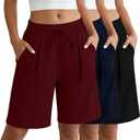 Locoowai 3 Pack Women's Bermuda Shorts Drawstring Casual Lounge Elastic Waist Athletic Yoga Running Shorts with Pockets (X-Large, Black, Navy Blue, Burgundy)