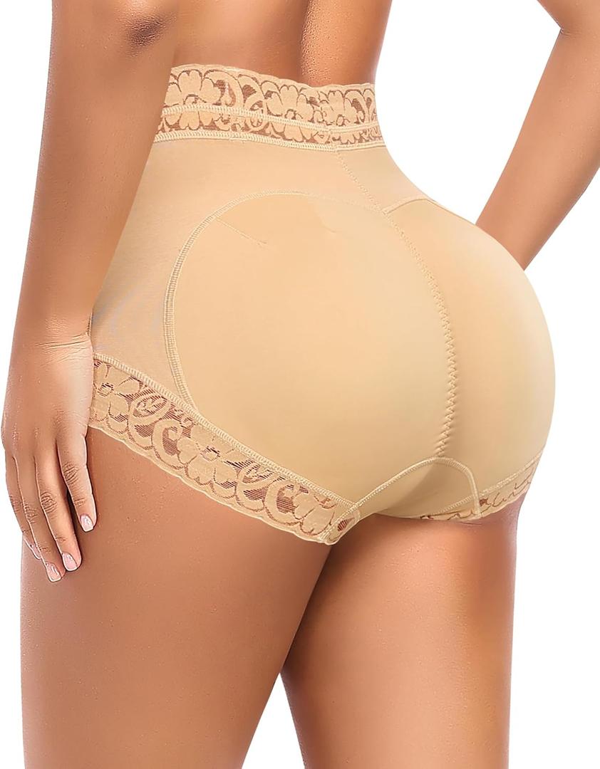 DERCA Butt Lifting Panties Padded Underwear for Women Booty Pads Butt Enhancer Lace Shapewear Panty (L, Beige)