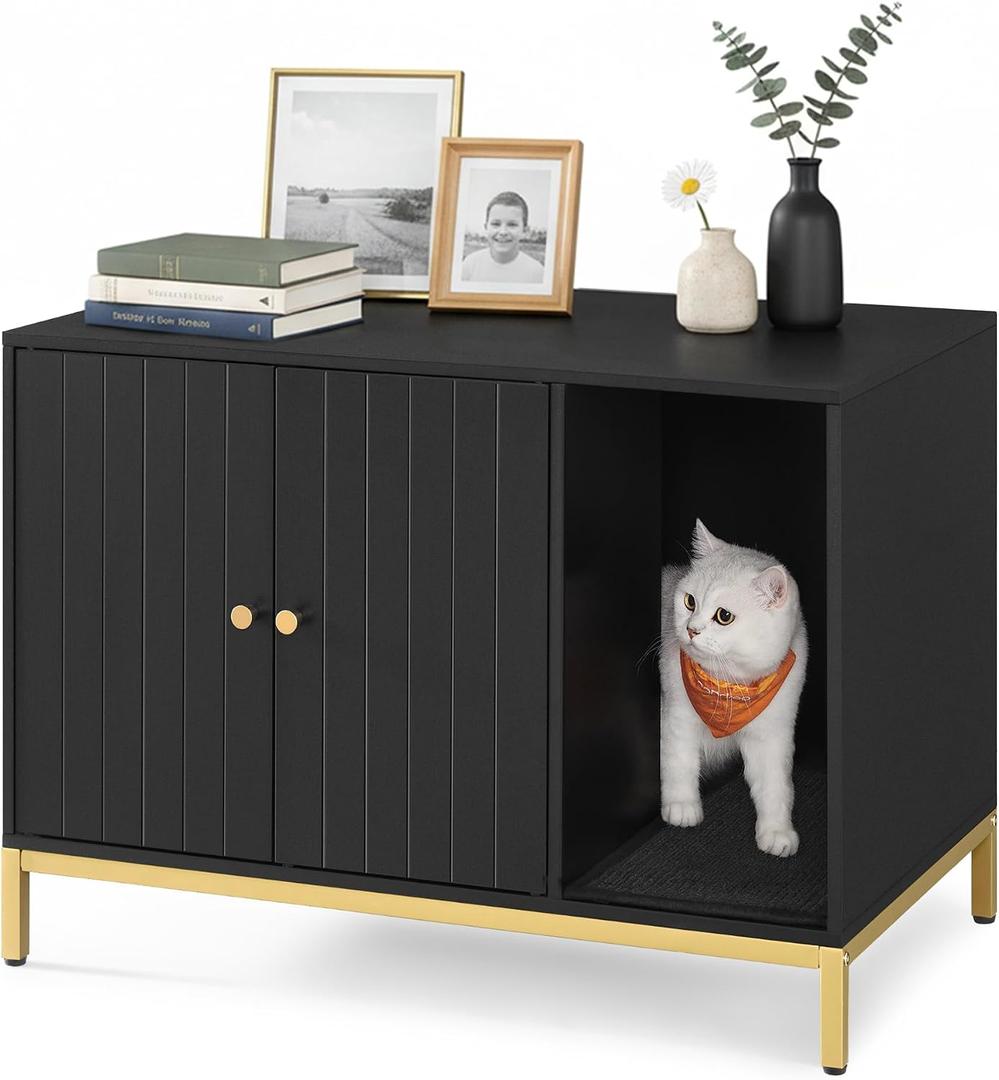 Feandrea Cat Litter Box Enclosure, Hidden Litter Box Furniture with Scratch Pad, Front Entry, Double Cabinet Doors, Modern Style, 31.5" Cat House Washroom Side End Table, Black and Gold