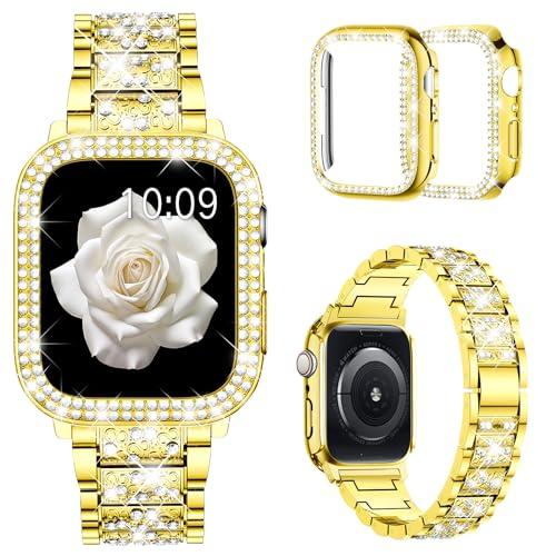 Mosonio Compatible with Apple Watch Band 42mm S11/S10 with Case Women, Jewelry Replacement Metal Wristband with 2 Pack Bling PC Protective Cover for iWatch Series 11/10(42mm,Gold)