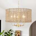 Rattan Woven Boho Chandelier Light Fixture for Dining Room 5 Light, 18.8'' Gold Hand Woven Drum Wicker Light Fixture Ceiling Hanging, Coastal Rattan Pendant Light for Living Room Entryway Bedroom