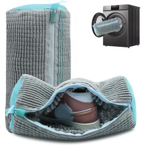 Shoe washing machine bag, laundry shoe bag for washer and dryer, Reusable Zipper Plush Sneaker Washing Machine Bag for Shoes, Gym,Tennis Shoes, Sports Delicate Gray 2pc