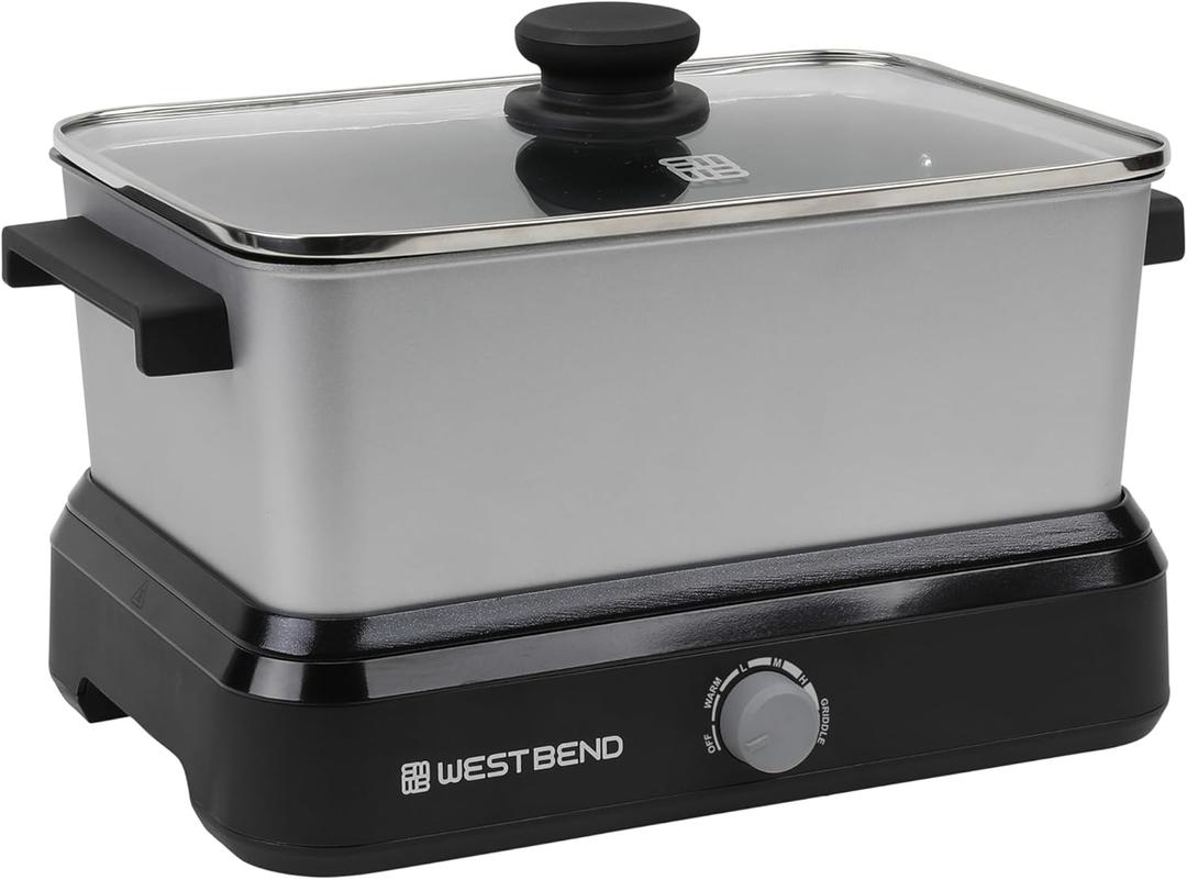 West Bend Versatility Slow Cooker Large Capacity Non-stick Cooking Vessel & Variable Temperature Heating Base Includes Travel Lid and Storage Bag, Range and Oven-Safe Cooking Pot, 5-Quart, Silver