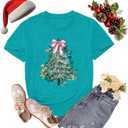 Christmas Shirts for Women Christian Bow Christmas Tree Tshirts Xmas Holiday Religious Tee Tops (XL, Cyan)