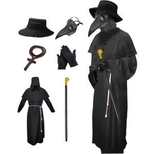 Nicexx Plague Doctor Mask Costumes Set 6 in 1 Halloween Beak Mask Plague Dr Outfit for Adults (XX-Small)