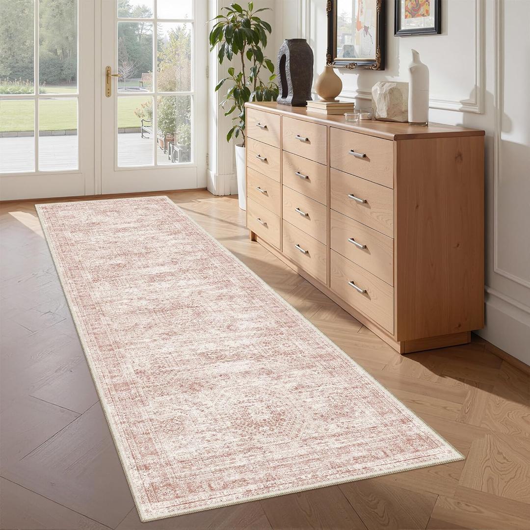 Washable Runner Rugs for Bedroom - 2x6 Runner Rug Non Slip, Ultra-Thin Entryway Runner, Soft Abstract Kitchen Runner for Hallway, Laundry, Bathroom, Indoor Door Mat(2'x6', Pink/Ivory)