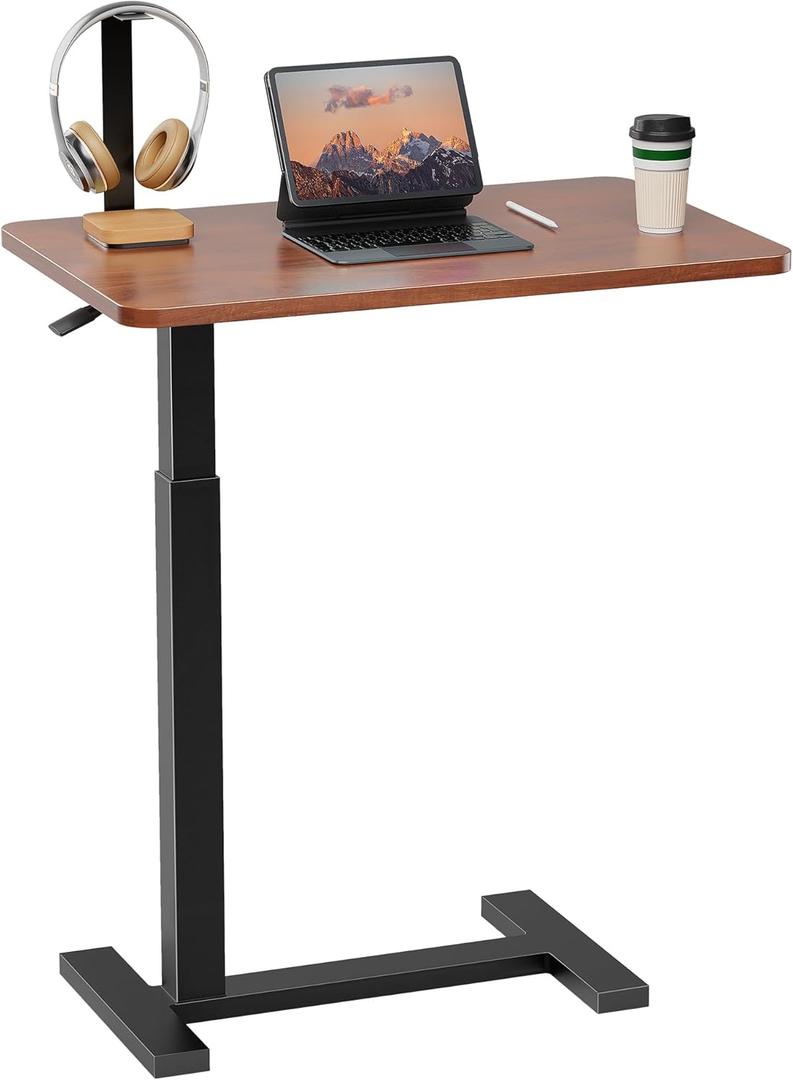 Simple Deluxe Adjustable Overbed Bedside Table with Wheels, Pneumatic Adjustable Hospital & Home Use Bed Table, Rolling Laptop Table, Mobile Standing Desk, Brown