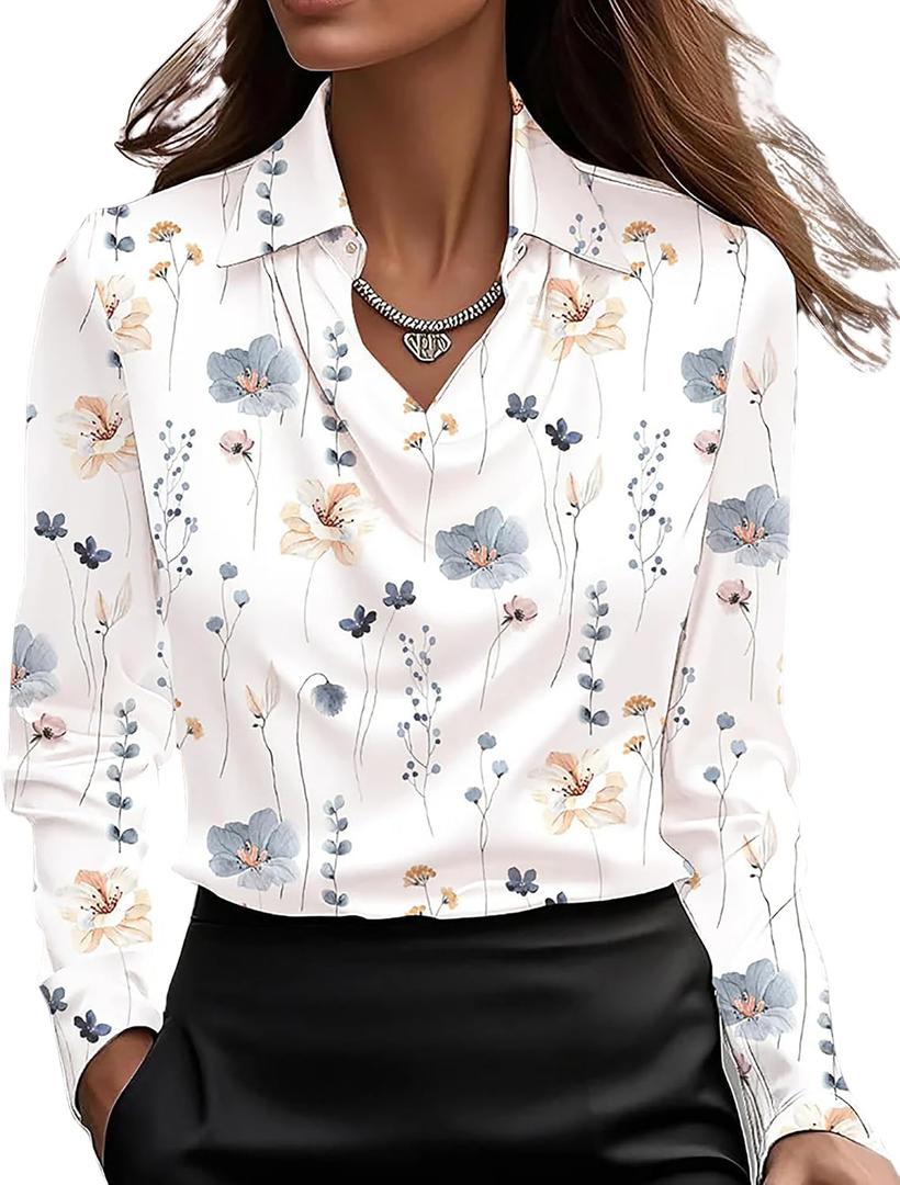 CORIRESHA Women's Elegant Cowl Neck Satin Blouse Long Sleeve Office Work Shirt Silk Top (White)