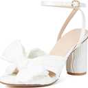 Lovee Cosee Women's Bow Knot Heeled Sandals Pleated Open Toe Ankle Strap Chunky Heels for Bride Wedding (9, White)
