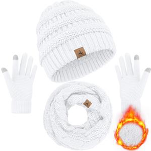 Winter Beanie Hat Scarf Gloves, Warm Fleece Knit Hats Touch Screen Gloves Neck Scarf Set Winter Gifts for Unisex Adult (White)