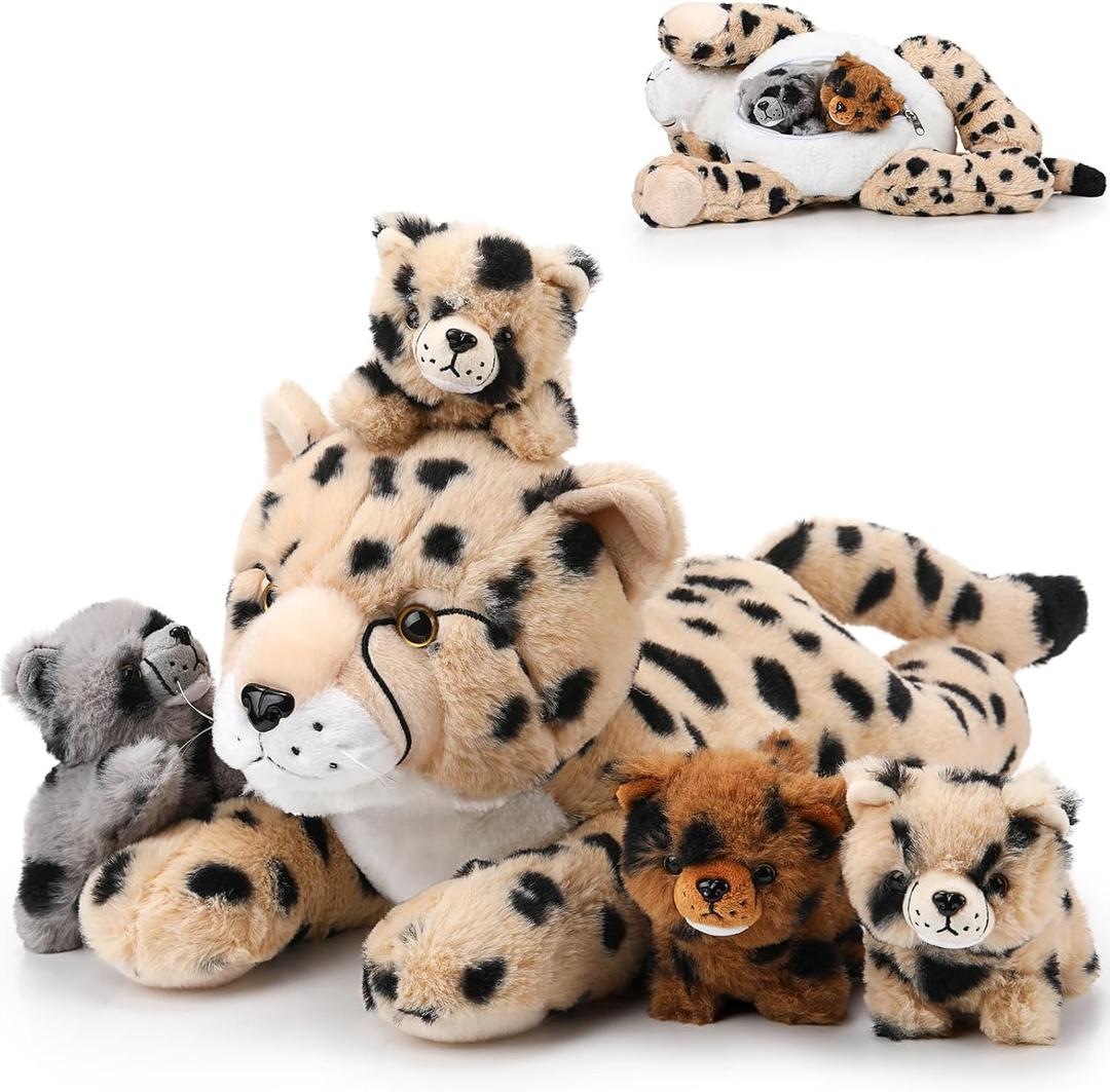 Silipull 5 Pcs Cheetah Stuffed Animals Set Large Mommy Cheetah Plush with 4 Soft Cuddly Baby Cubs in Her Tummy for Boys Girls Birthday Graduation Gifts Forest Party Decors (Lying Style)