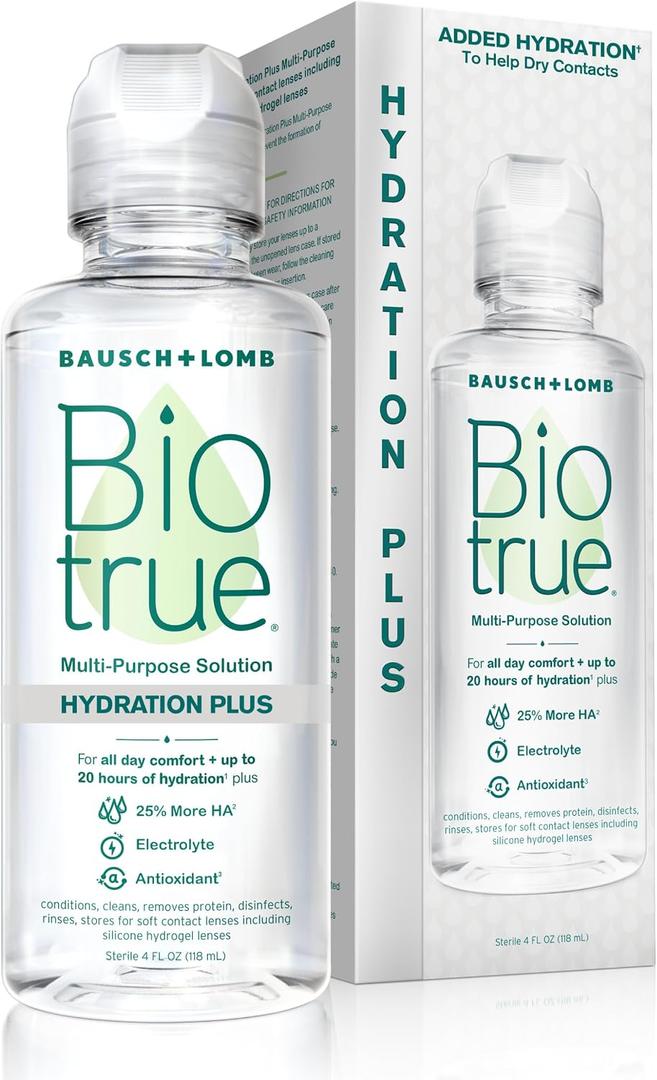 Biotrue Hydration Plus Contact Lens Solution, Multi-Purpose for Soft Lenses, Hydrates with Hyaluronan, Cleans, Clears, and Disinfects for All-Day Comfort, 4 Fl Oz (Pack of 1)