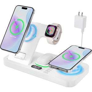 Dual Phone Magnetic Wireless Charging Station for Apple Devices/Apple Ecosystem,with Auto-Switch 7-Color Light & Clock, Compatible with iPhone 17/16/15, for iWatch 11/10/9 & AirPods Pro3Cream