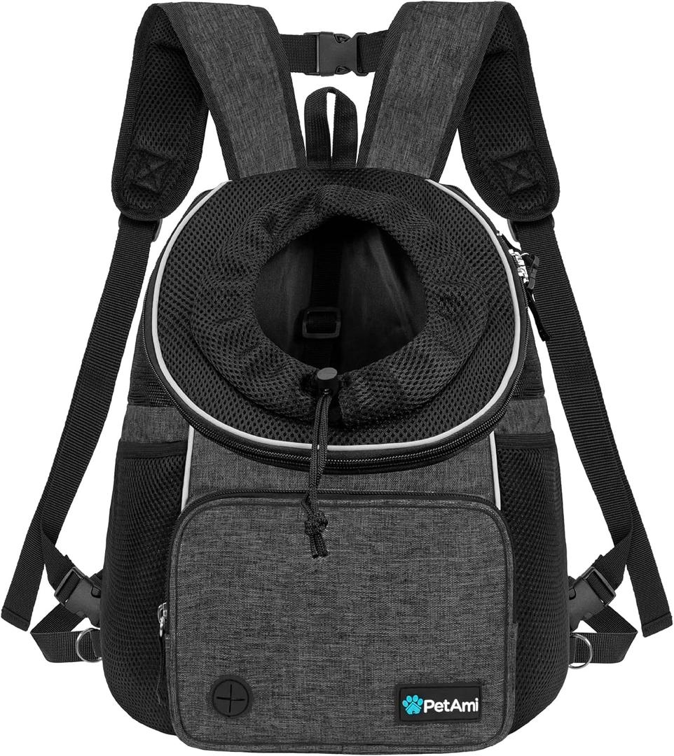 PetAmi Adjustable Dog & Cat Chest Carrier Backpack, Ventilated for Hiking & Camping, Small to Large Pets Up to 15 lbs, Dark Gray