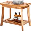 24" Solid Teak Shower Bench with Towel Bar & Storage Shelf - Waterproof Bath Stool with Fixed Non-Slip Feet, 300lbs Capacity
