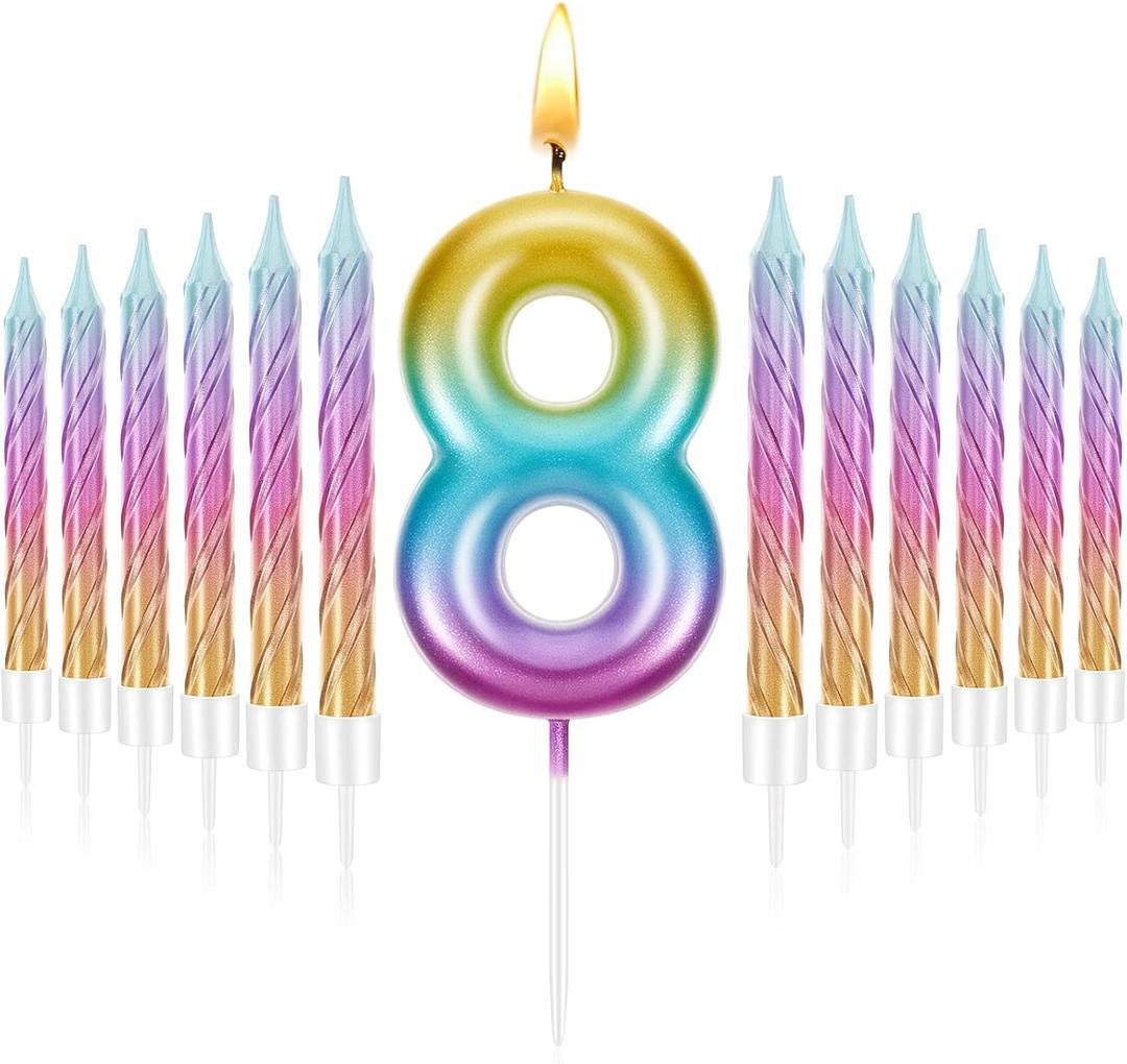 Treela 8 Birthday Candle for Cake with 12 Pieces Spiral Numeral Rainbow Gradient Candle 8th Birthday Rainbow Candles for Girls, Boy, Cake Topper Anniversary Wedding Sweet Theme Party Supplies