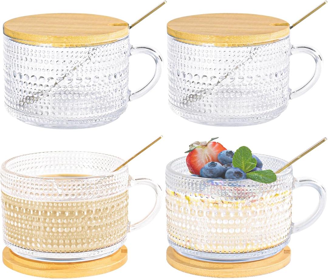 14oz Vintage Coffee Mugs Set of 4 Overnight Oats Glass Containers Cup with Handle Bamboo Lids Spoons for Coffee Latte Cereal Yogurt(Hobnail*4 with Spoon Hole Lid)