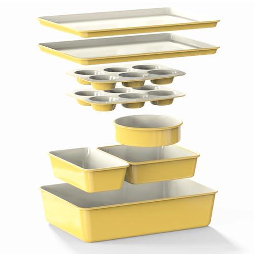 Larder & Vine 8-Piece Stackable Bakeware Set, Ceramic-Coated Nonstick Baking Pan Set, Non-Toxic, with Baking Sheets, Muffin Pan, Loaf Pan & Cake Pans, Limoncello