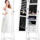 Mirror Jewelry Cabinet Standing, Full Length Mirror Jewelry Armoire Jewelry Organizer Lockable Jewelry Storage for Women Girl Full-Length Frameless LED Lights 6 Drawers Lockable White