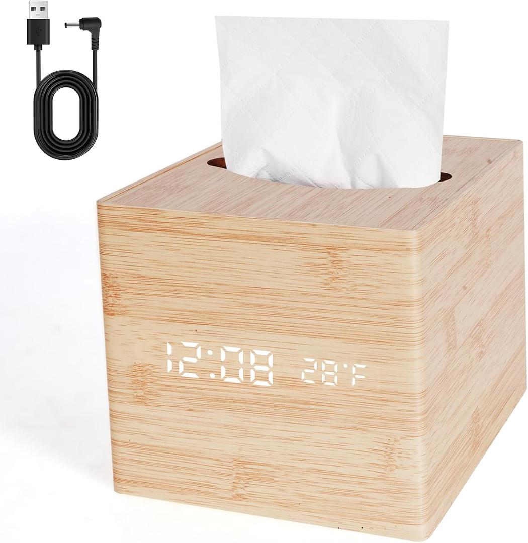 Wooden Tissue Box Cover Digital Cordless Alarm Clocks for Bedrooms, 8-Level Dimming, 5 Alarm Settings, Sound Activation, 5 Mins Snooze, 12/24H, Temperature and Date Display for Office