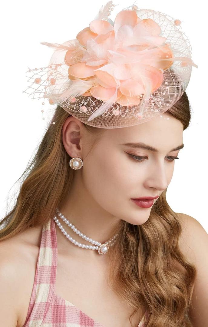 Cizoe Fascinators Hats for Womens 50s Headwear with Veil Flower Cocktail Wedding Tea Party Church Derby Hat (1-4-champagne)