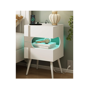 White Nightstand with Charging Station and LED Lights,Modern Bedside Table with 2 Storage Drawer,Night Stand with Solid Wood Legs,White (White-2)