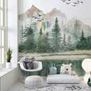 Forest Wallpaper Mural Sage Green Woodland Mountains Self-Adhesive Peel and Stick Wallpaper Rustic Nature Landscape Pine Tree Wall Decor Removable Contact Paper for Wall 59"X78.7"